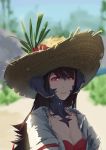  1girl absurdres au_ra black_hair blue_sky blurry blurry_background breasts cleavage closed_mouth face final_fantasy final_fantasy_xiv fish_g flower hat hat_flower highres horns jewelry long_hair looking_at_viewer multicolored_hair necklace outdoors red_eyes red_flower red_hair sky solo sun_hat upper_body 