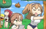  1other 3girls adapted_costume ahoge akigumo_(kantai_collection) asymmetrical_bangs bangs blue_sky blue_swimsuit braid brown_hair cloud commentary_request covered_navel crossover dated day doubutsu_no_mori falling green_eyes hair_flaps hair_ribbon hairband hamu_koutarou highres hornet_nest i-26_(kantai_collection) kantai_collection kawakaze_(kantai_collection) light_brown_hair long_hair low_twintails multiple_girls new_school_swimsuit outdoors pencil ponytail pushing red_hair remodel_(kantai_collection) ribbon scarf school_swimsuit shirt sidelocks sketch_pad sky swimsuit swimsuit_under_clothes t-shirt tanukichi_(doubutsu_no_mori) tree twin_braids twintails two_side_up very_long_hair wasp_nest white_scarf white_shirt yellow_eyes 