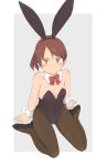  1girl animal_ears black_footwear black_legwear black_leotard border bow bowtie breasts brown_eyes brown_hair bunny_ears bunnysuit commentary_request detached_collar grey_background high_heels kantai_collection kugui_kiyunemu leotard looking_at_viewer pantyhose ponytail red_neckwear shikinami_(kantai_collection) short_hair sitting small_breasts solo strapless strapless_leotard two-tone_background wariza white_border wrist_cuffs 