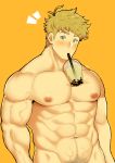 1boy absurdres bangs bara between_pecs blonde_hair blush bubble_tea_challenge chest clayten cropped_legs granblue_fantasy green_eyes highres looking_at_viewer male_focus muscle nude object_on_pectorals pectorals smile solo toned toned_male upper_body vane_(granblue_fantasy) 