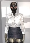  1girl blonde_hair bodysuit gimp_mask grey_eyes hair_bun highres kilye_4421 latex_bodysuit legs_together lipstick looking_at_viewer makeup mask office_lady original pencil_skirt shirt skin_tight skirt solo standing white_shirt 