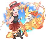  1girl :d bare_shoulders black_footwear black_legwear black_shirt blonde_hair blue_background blue_eyes blush braixen breasts collared_shirt commentary cowboy_shot eyewear_on_headwear fire gen_6_pokemon hat highres long_hair looking_at_viewer mega_ring ochadzuke open_mouth pleated_skirt pointing pokemon pokemon_(creature) pokemon_(game) pokemon_masters pokemon_xy red_headwear red_skirt serena_(pokemon) shirt shoes skirt sleeveless sleeveless_shirt smile sneakers standing standing_on_one_leg starter_pokemon sunglasses thighhighs upper_teeth white_background zettai_ryouiki 