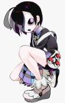  1boy ahoge black_hair gloves grey_background hair_over_one_eye male_focus mask mik3d one_knee onion_(pokemon) poke_ball poke_ball_(basic) pokemon pokemon_(game) pokemon_swsh purple_eyes purple_gloves shorts simple_background single_glove solo striped 