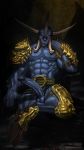  2017 5_fingers abs armor balls big_penis blizzard_entertainment blue_body bodily_fluids demon diablo_2 erection fingers genital_fluids genitals glowing glowing_eyes hi_res horn humanoid humanoid_genitalia humanoid_penis izual looking_at_viewer male mostly_nude muscular muscular_humanoid muscular_male nipples not_furry pecs penis precum red_eyes sitting solo todex tusks vein video_games watermark 