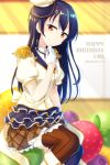  1girl bangs birthday blue_hair cake character_name commentary_request dated english_text epaulettes food gloves hair_between_eyes happy_birthday hat long_hair looking_at_viewer love_live! love_live!_school_idol_festival love_live!_school_idol_project mismatched_legwear morugen short_sleeves sitting smile solo sonoda_umi striped striped_legwear thighhighs vertical-striped_legwear vertical_stripes white_gloves yellow_eyes 