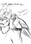  2020 absurd_res ambiguous_gender anthro beak carrying dialogue dragon duo english_text feral greyscale hi_res horn lizardlars magpie_(disambiguation) male monochrome on_shoulder profanity scalie simple_background sketch speech_bubble text white_background 
