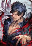  1boy aura belial_(granblue_fantasy) black_hair black_jacket closed_mouth fingernails granblue_fantasy hand_up hankuri high_collar jacket long_sleeves looking_at_viewer male_focus red_eyes smile solo upper_body 