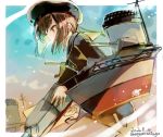  1girl blue_sky brown_eyes cannon dress hat highres kantai_collection kriegsmarine military_hat nagasawa_tougo peaked_cap red_hair rigging sailor_dress sailor_hat short_hair sky smokestack solo turret z3_max_schultz_(kantai_collection) 