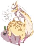  annabelle_(madmax) anon anthro blue_eyes bodily_fluids clothing dialogue duo female feral giraffe giraffid hi_res human larger_female larger_feral leg_warmers legwear male mammal nobby_(artist) size_difference slightly_chubby smaller_human smaller_male spots spotted_body sweat 