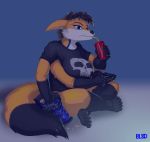  anthro beverage blue_eyes bluebl8d brown_hair canid canine chips_(food) clothing controller dipstick_tail drinking female food fox game_controller hair hi_res huffzie mammal multi_arm multi_limb multicolored_tail multitasking plantigrade polydactyly shirt sitting snack solo t-shirt topwear video_games 