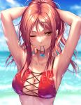  1girl ;) armpits bangs bare_shoulders bikini blush breasts brown_eyes cleavage eyebrows_visible_through_hair hair_ornament hair_tie_in_mouth hairclip long_hair looking_at_viewer medium_breasts mouth_hold myouga_satsuki one_eye_closed orange_hair original outdoors piromizu ponytail red_bikini sidelocks smile solo swimsuit tying_hair upper_body wet x_hair_ornament 