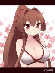  1girl bangs bikini black_border blush border breasts brown_eyes brown_hair cleavage dated eyebrows_visible_through_hair flower hair_flower hair_ornament highres kantai_collection large_breasts long_hair ponytail sidelocks simoyuki simple_background smile solo swimsuit upper_body white_bikini yamato_(kantai_collection) 