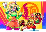  1girl :&lt; arms_(game) beanie dragon_(arms) envelope fighting_stance green_eyes hat highres legwear_under_shorts lens_flare looking_at_viewer mask min_min_(arms) open_mouth pantyhose ramram_(arms) rariatto_(ganguri) shoes short_hair shorts smile sneakers solo super_smash_bros. 