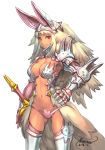  1girl 2016 animal_ears armor artist_name blonde_hair breasts bunny_ears highres long_hair looking_at_viewer medium_breasts midriff navel ninnin_(shishitou) original red_eyes simple_background solo sword weapon white_background 