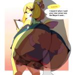  1:1 2020 absurd_res animal_crossing anthro bottomwear brown_hair butt canid canine canis clothing domestic_dog english_text facesitting female fur hair hi_res human isabelle_(animal_crossing) looking_back mammal nintendo pants short simple_background skirt text thick_thighs trinity-fate62 video_games yellow_body yellow_fur 
