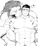  2boys animal_ears arsalan_(tokyo_houkago_summoners) bara beard biting black_hair blush chest closed_mouth couple facial_hair furry gomtang greyscale male_focus manly monochrome multiple_boys muscle pectoral_grab pectorals stubble tokyo_houkago_summoners upper_body yaoi zabaniya_(tokyo_houkago_summoners) 