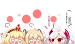  3girls absurdres ahoge amazon_(azur_lane) antenna_hair azur_lane bangs black_hairband blonde_hair blush bow crown eyebrows_visible_through_hair fang hairband hand_up hands_up headgear highres kurukurumagical light_brown_hair mini_crown multicolored_hair multiple_girls o_o open_mouth parted_lips prinz_eugen_(azur_lane) queen_elizabeth_(azur_lane) red_eyes red_hair silver_hair streaked_hair translation_request two_side_up v-shaped_eyebrows white_background white_bow 