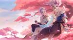  1boy 1girl armor asymmetrical_clothes bare_shoulders blue_eyes breasts cherry_blossoms choker earrings highres in_tree jewelry kezi league_of_legends medium_breasts necklace riven_(league_of_legends) short_hair shoulder_armor sitting sitting_in_tree spirit_blossom_riven spirit_blossom_yasuo tree white_hair yasuo_(league_of_legends) 