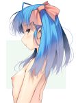  1girl bangs blue_hair eyebrows_visible_through_hair flat_chest hair_ribbon highres long_hair looking_at_viewer masao nipples nude orange_eyes original profile ribbon simple_background solo twintails two-tone_background upper_body 