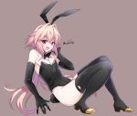  1boy animal_ears artist_name astolfo_(saber)_(fate) bare_shoulders bunny_ears bunny_tail bunnysuit commentary_request detached_collar elbow_gloves eyebrows_visible_through_hair fake_animal_ears fang fate/grand_order fate_(series) gloves grey_background hair_between_eyes highres leotard looking_at_viewer open_mouth otoko_no_ko pink_hair purple_eyes simple_background skin_fang solo strapless strapless_leotard tail thighhighs tongue twitter_username watermark 