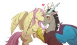  &lt;3 2018 antlers brown_body brown_fur chimera discord_(mlp) draconequus duo equid equine feathered_wings feathers female fluttershy_(mlp) flying friendship_is_magic fur grey_body grey_fur hasbro hi_res horn kissing looking_at_another male mammal mane membrane_(anatomy) membranous_wings my_little_pony pegasus pink_mane pink_tail ponsex red_eyes simple_background white_background wings yellow_body yellow_feathers yellow_fur yellow_wings 