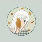  1girl ayu_(mog) black_eyes blush closed_mouth framed grey_sweater holding holding_leaf leaf long_hair long_sleeves looking_at_viewer original signature solo sweater symbol_commentary unmoving_pattern upper_body white_hair |_| ||_|| 