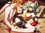  1boy 1girl ale_(ale_halexxx) aqua_hair bed clothed_sex hetero joints kuma_(persona_4) labrys looking_at_another lying on_back parted_lips persona persona_4 persona_4:_the_ultimate_in_mayonaka_arena pussy red_eyes robot robot_joints sailor_collar school_uniform sex skirt smile spread_legs yasogami_school_uniform 