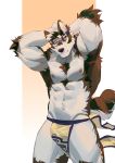  abs accessory alternate_version_at_source anthro canid canine canis clothed clothing fur grey_body grey_fur hands_behind_head headband hi_res horkeukamui loincloth looking_at_viewer male mammal muscular muscular_anthro muscular_male nipples one_eye_closed seatohao solo tokyo_afterschool_summoners topless video_games wolf yellow_eyes 