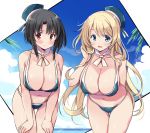  arm_behind_back ascot atago_(kantai_collection) bikini black_hair blonde_hair blue_bikini blue_eyes blue_headwear blue_sky breasts cloud eyebrows eyebrows_visible_through_hair hand_on_own_face hand_on_own_thigh hat kantai_collection large_breasts odawara_hakone palm_tree pout red_eyes short_hair sky smile summer swimsuit takao_(kantai_collection) thighs tree 