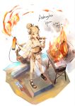  1girl absurdres arknights bandeau barbecue bare_arms bare_legs bare_shoulders blonde_hair fire flamethrower full_body hair_bun highres holding horns ifrit_(arknights) looking_at_viewer midriff navel orange_eyes ore_lesion_(arknights) sandals sarong solo standing swimsuit tail tianye_toshi tied_hair weapon 