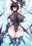  1girl armor breasts brown_hair collarbone covered_collarbone covered_navel curvy huge_breasts impossible_clothes impossible_leotard leotard looking_at_viewer mature mizuki_shiranui red_eyes shiny shiny_clothes smile solo sonparesu taimanin_(series) taimanin_yukikaze thick_thighs thighs water wide_hips 