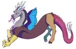  2018 antlers brown_body brown_fur chimera discord_(mlp) draconequus eyes_closed fangs feathered_wings feathers feral friendship_is_magic fur grey_body grey_fur hasbro hi_res horn male membrane_(anatomy) membranous_wings my_little_pony ponsex simple_background solo stretching tongue tongue_out white_background wings 