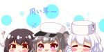  +++ 3girls :&gt; absurdres alcohol avrora_(azur_lane) azur_lane bangs black_bow black_hair blush bottle bow brown_eyes chibi closed_eyes closed_mouth curled_horns eyebrows_visible_through_hair fur_hat grey_hair hair_between_eyes hair_bow hand_up hat highres horns kurukurumagical mikasa_(azur_lane) multiple_girls one_side_up pamiat_merkuria_(azur_lane) parted_lips peaked_cap purple_eyes russian_text smile star_(symbol) translation_request vodka white_background white_headwear 