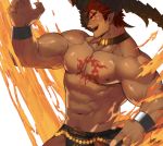  1boy abs alternate_costume bara chest chest_tattoo collarbone dark_skin dark_skinned_male fire gomtang horns ifrit_(tokyo_houkago_summoners) male_focus muscle nipples orange_eyes pectorals penis pointy_ears red_hair shirtless spiked_hair tattoo thick_thighs thighs tokyo_houkago_summoners tray upper_body 