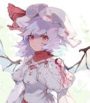  1girl adapted_costume bat_wings capelet commentary dress hat hat_ribbon kusariuta lavender_hair long_sleeves looking_at_viewer medium_hair mob_cap red_eyes red_ribbon remilia_scarlet ribbon solo touhou upper_body white_background white_dress white_headwear wings 