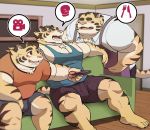  00murice 2020 anthro apron barazoku belly blush bottomwear clothing detailed_background felid group humanoid_hands inside kemono male mammal overweight overweight_male pantherine pants shirt shorts sitting tiger topwear 