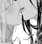  2girls blush close-up covered_eyes facing_another french_kiss greyscale head_out_of_frame kiss long_hair monochrome multiple_girls nijisanji sharp_teeth shirayuki_tomoe shuu-0208 sidelocks smile sukoya_kana sweat teeth very_long_hair virtual_youtuber yuri 