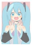  1girl :d absurdres bare_shoulders blue_eyes blue_hair blue_neckwear border collared_shirt detached_sleeves donguri_suzume double_w grey_shirt hatsune_miku highres long_hair long_sleeves looking_at_viewer necktie open_mouth pink_background round_teeth shirt simple_background sleeveless sleeveless_shirt smile solo teeth twintails upper_body upper_teeth very_long_hair vocaloid w white_border 