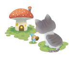  acorn ayu_(mog) blue_dress blue_headwear cat dress holding long_sleeves minigirl mushroom mushroom_house pointy_hat signature white_background 