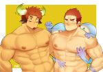  2boys absurdres animal_ears bangs bara beard blush brown_hair chest clayten couple facial_hair forked_eyebrows glowing_horns gunzo_(tokyo_houkago_summoners) highres horns looking_at_viewer male_focus multiple_boys muscle native_american nipples pectorals shirtless simple_background smile thick_eyebrows tokyo_houkago_summoners toned toned_male upper_body wakan_tanka yaoi 