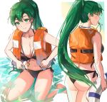  1girl ass back bangs bare_shoulders bikini black_bikini blush breasts cleavage collarbone contemporary earrings fire_emblem fire_emblem:_the_blazing_blade green_eyes green_hair high_ponytail highres innertube jewelry large_breasts life_vest long_hair looking_at_viewer lyn_(fire_emblem) mouth_hold multiple_views navel ormille ponytail simple_background smile swimsuit thighs water whistle whistle_around_neck white_background 