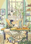  1girl bare_legs barefoot basket blue_hair bracelet breasts chair cityscape cup floor food fruit glasses highres jewelry lamp magazine medium_breasts original picture_(object) plant potted_plant reclining rocking_chair rug short_hair smile sweater table teacup umishima_senbon vase window wooden_floor 