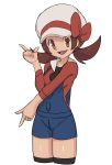  1girl :d absurdres blue_overalls breasts brown_eyes brown_hair cabbie_hat hat hat_ribbon highres kotone_(pokemon) long_hair looking_at_viewer nyonn24 open_mouth overalls pokemon pokemon_(game) pokemon_hgss ribbon simple_background smile solo thighhighs twintails white_background 