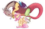  2018 antlers blue_eyes brown_body brown_fur chimera cutie_mark discord_(mlp) draconequus duo equid equine fangs feathered_wings feathers female feral fluttershy_(mlp) flying friendship_is_magic fur grey_body grey_fur hasbro hi_res horn looking_at_another male mammal mane membrane_(anatomy) membranous_wings my_little_pony pegasus pink_mane pink_tail ponsex red_eyes simple_background sitting smile thick_tail white_background wings yellow_body yellow_feathers yellow_fur yellow_wings 