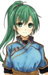  1girl blue_shirt closed_mouth earrings fire_emblem fire_emblem:_the_blazing_blade floating_hair fuussu_(21-kazin) green_eyes green_hair hair_ornament high_ponytail jewelry long_hair looking_at_viewer lyn_(fire_emblem) nib_pen_(medium) shiny shiny_hair shirt short_sleeves simple_background smile solo traditional_media upper_body very_long_hair white_background 
