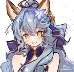  1girl animal_ears bangs bare_shoulders blue_dress blue_flower blue_hair blush breasts brown_eyes brown_ribbon chain commentary_request dress erune eyebrows_visible_through_hair ferry_(granblue_fantasy) flower granblue_fantasy hair_between_eyes hair_bun hair_flower hair_ornament hair_ribbon highres long_hair looking_at_viewer medium_breasts purple_flower ribbon signature sleeveless sleeveless_dress smile sofra solo twitter_username white_background 