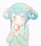  1girl ayu_(mog) blue_eyes blue_hair blush candy closed_mouth food green_hoodie hair_ribbon holding hood hoodie lollipop looking_at_viewer multicolored multicolored_eyes original pink_eyes pink_ribbon ribbon signature simple_background solo symbol_commentary upper_body white_background 