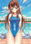  1girl arms_behind_back ass_visible_through_thighs bangs blue_eyes blue_swimsuit blush breasts brown_hair closed_mouth collarbone competition_swimsuit covered_navel cowboy_shot day hair_intakes highleg highleg_swimsuit long_hair looking_at_viewer marker_(medium) medium_breasts one-piece_swimsuit original outdoors pool shiny shiny_hair smile solo standing swimsuit thigh_gap tomoeri traditional_media very_long_hair 