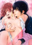  1boy 1girl akatsuki_no_yona bangs black_hair blush breasts cao_(cucurbita_k) closed_eyes collarbone couple dress_shirt hair_between_eyes hak_(akatsuki_no_yona) hetero highres licking long_hair long_sleeves medium_breasts navel neck_licking nipple_tweak open_clothes open_mouth open_shirt pink_background red_hair saliva saliva_trail shiny shiny_hair shirt tongue tongue_out white_shirt yona_(akatsuki_no_yona) 