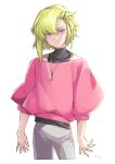  1boy blonde_hair commentary_request covered_collarbone cowboy_shot eyebrows_visible_through_hair eyes_visible_through_hair hair_between_eyes highres jewelry lio_fotia looking_at_viewer necklace promare purple_eyes short_hair simple_background solo takatsuki_ichi watermark white_background 
